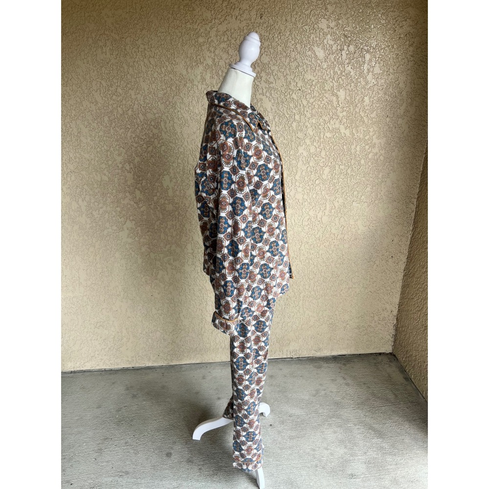 Vintage Gaddi 70s Pajama Set XL Boho Geometric Pattern Balloon Pants Blue Brown - Picture 8 of 16